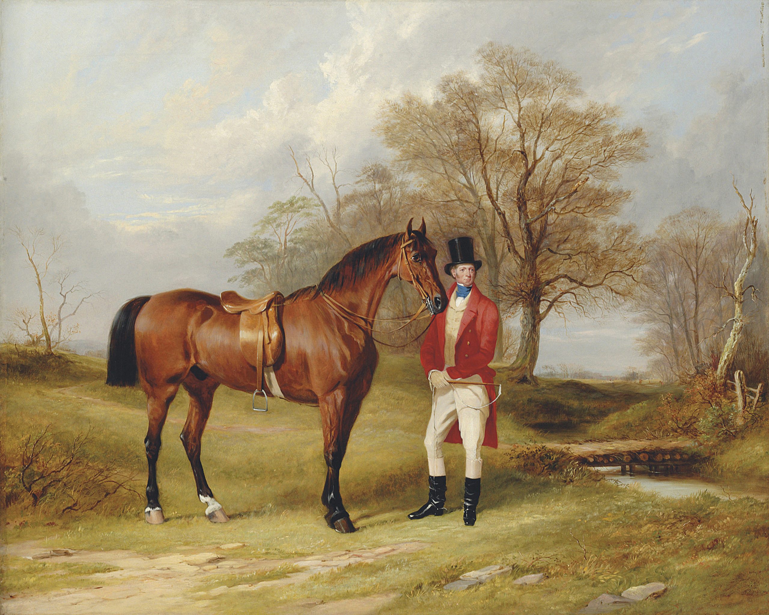 Equestrian/Fox Equestrian Gentleman Standing Beside Saddled Hunter