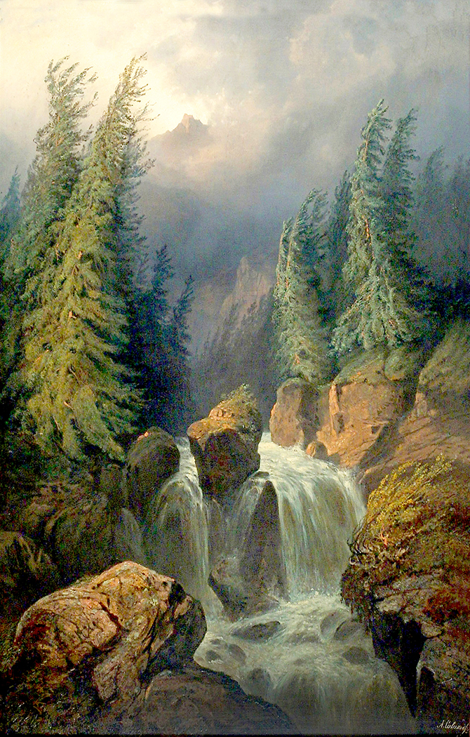 Cabin/Lodge Landscape Mountain Waterfall Vertical Landscape Oil Painting Print on Canvas