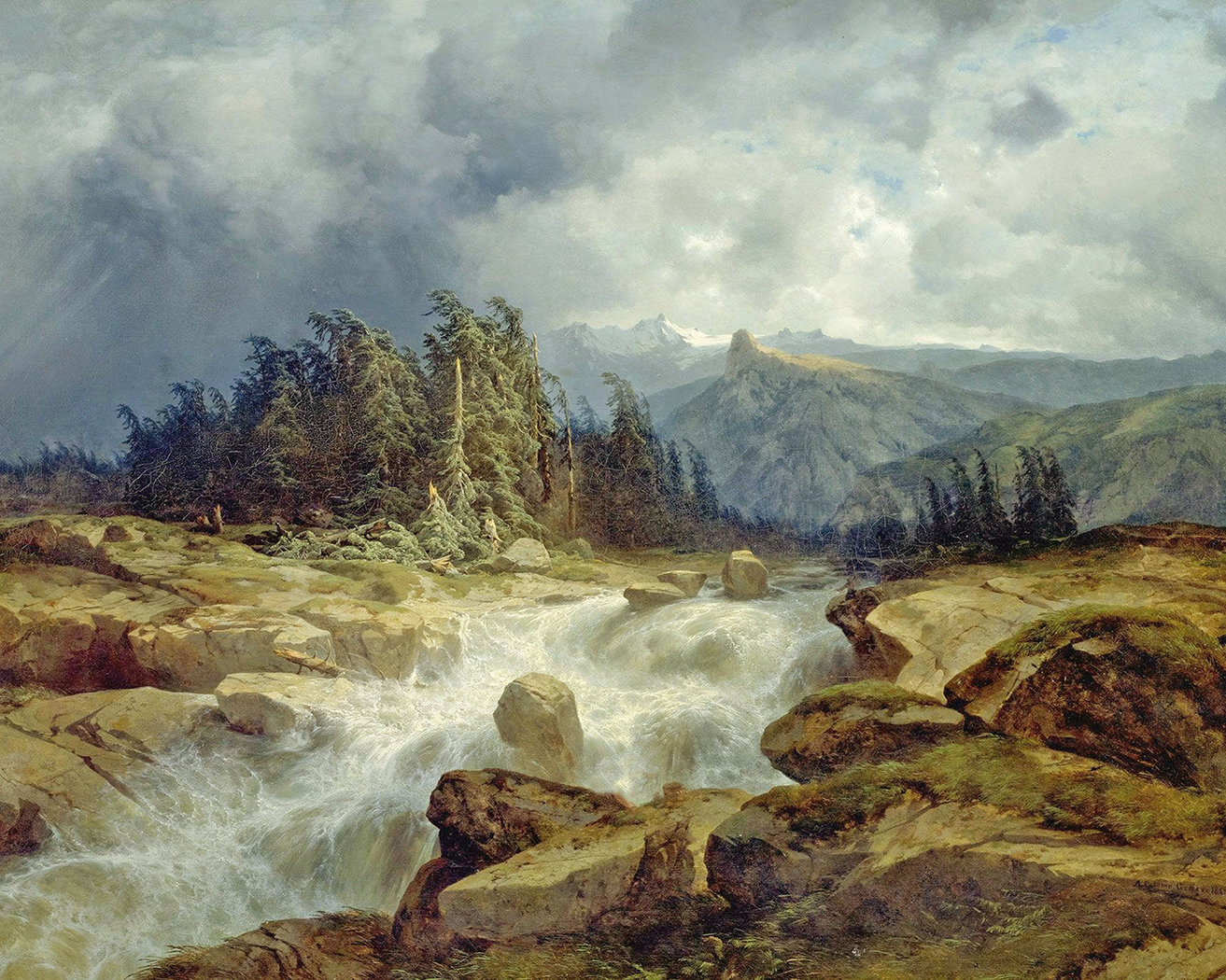 Cabin/Lodge Landscape Stormy Mountain Landscape with Rushing Stream ...