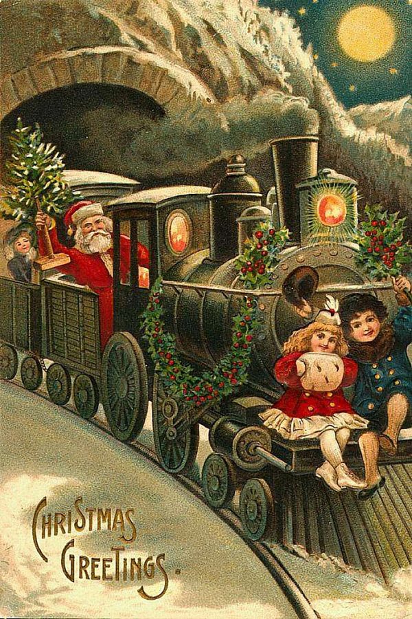 Christmas Decor Children Santa’s Christmas Train Framed Victorian Postcard Print