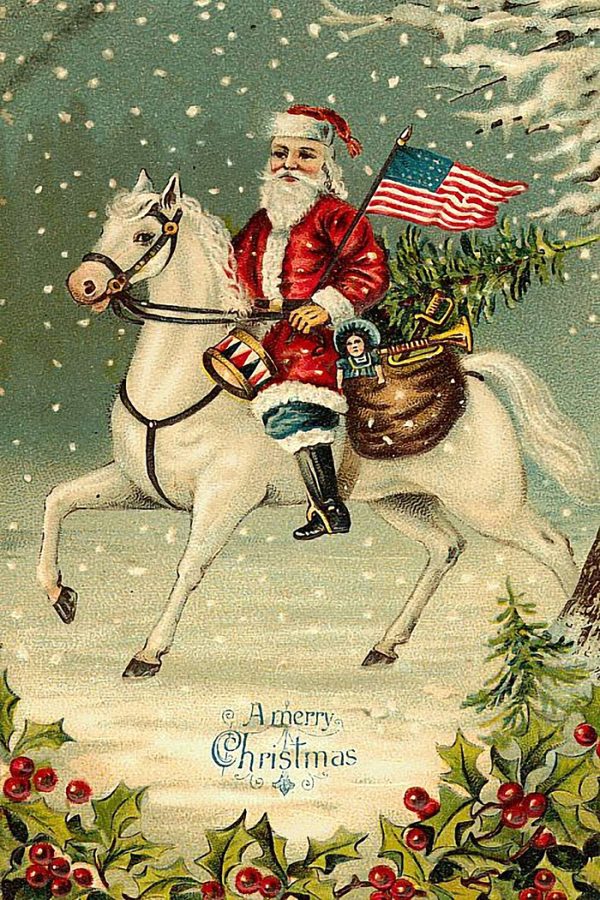 Christmas Decor Christmas Santa Claus with American Flag Victorian Postcard Print on Canvas