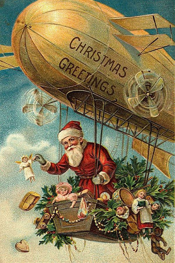 Christmas Decor Christmas Santa Claus in Flying Machine Framed Victorian Postcard Print