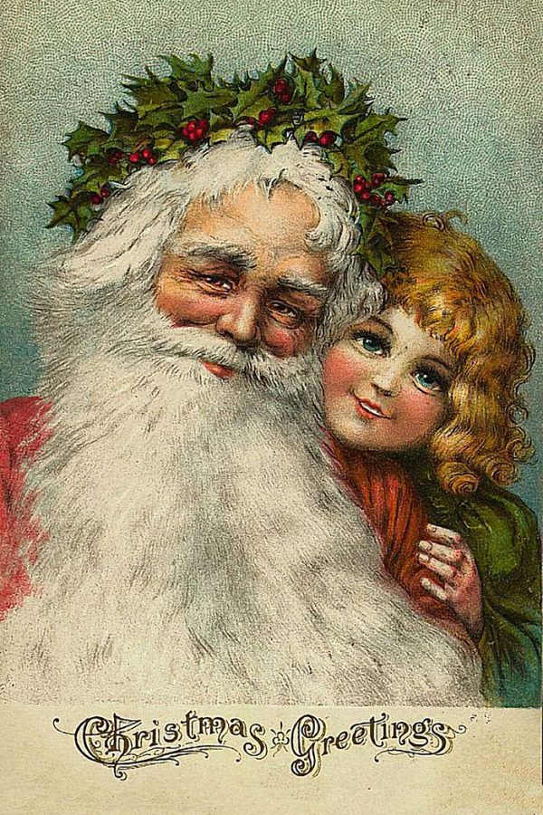 Christmas Decor Children Santa with Little Girl Framed Victorian Postcard Print