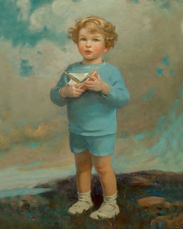 Nautical Children Young Boy with Toy Sailboat