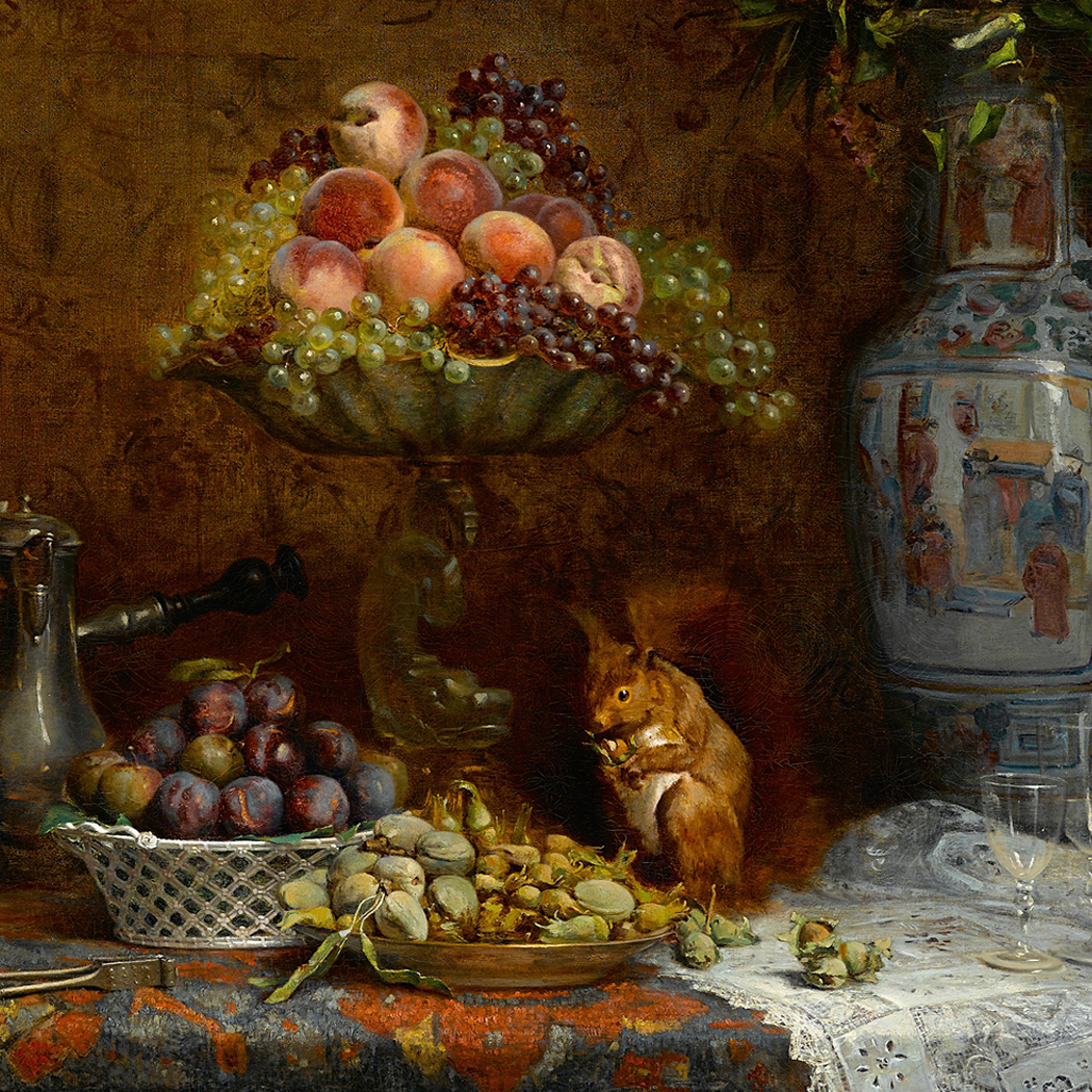 Botanical Botanical/Zoological Still Life with Fruit and Squirrel in Antiqued Bea ...