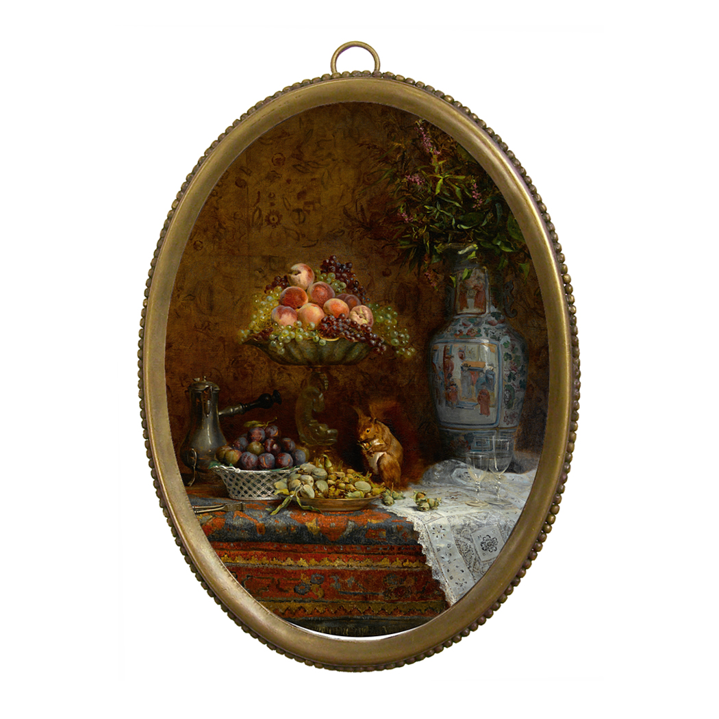 Botanical Botanical/Zoological Still Life with Fruit and Squirrel in Antiqued Bea ...