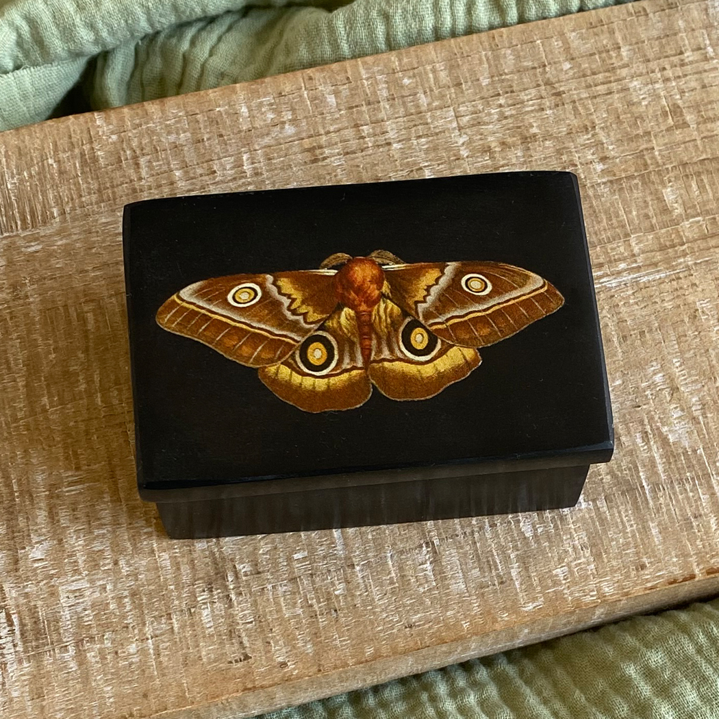 Decorative Boxes Botanical/Zoological 3″ Emperor Moth Black Soapstone Trinket Box ...