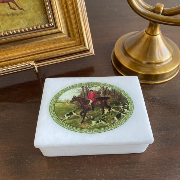 Decorative Boxes 4″ Hounds to the Chase White Soap Stone Trinket Jewelry Box