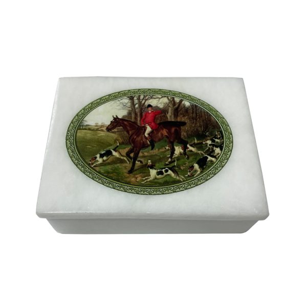 Decorative Boxes 4″ Hounds to the Chase White Soap Stone Trinket Jewelry Box