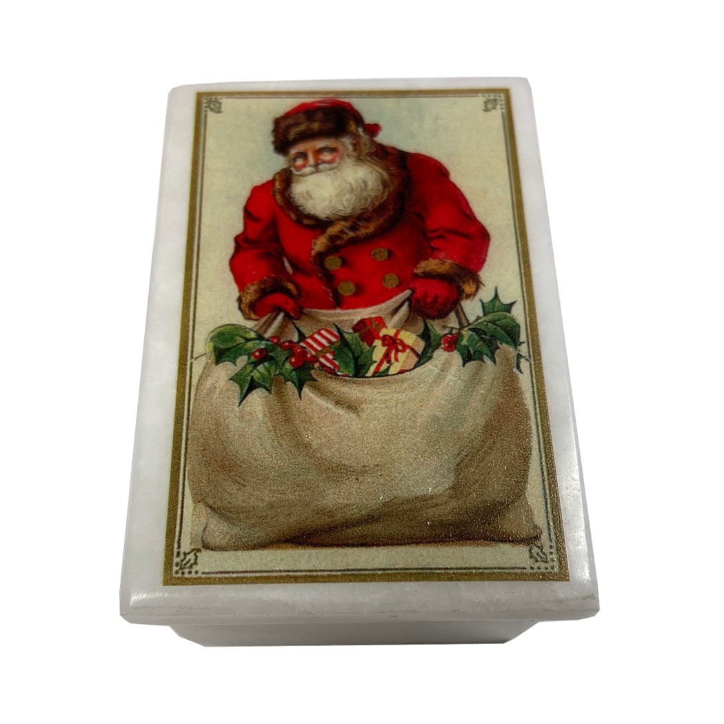 Christmas Decor Christmas 3″ Victorian Santa with Toy Bag White Stone Trinket Jewelry Box