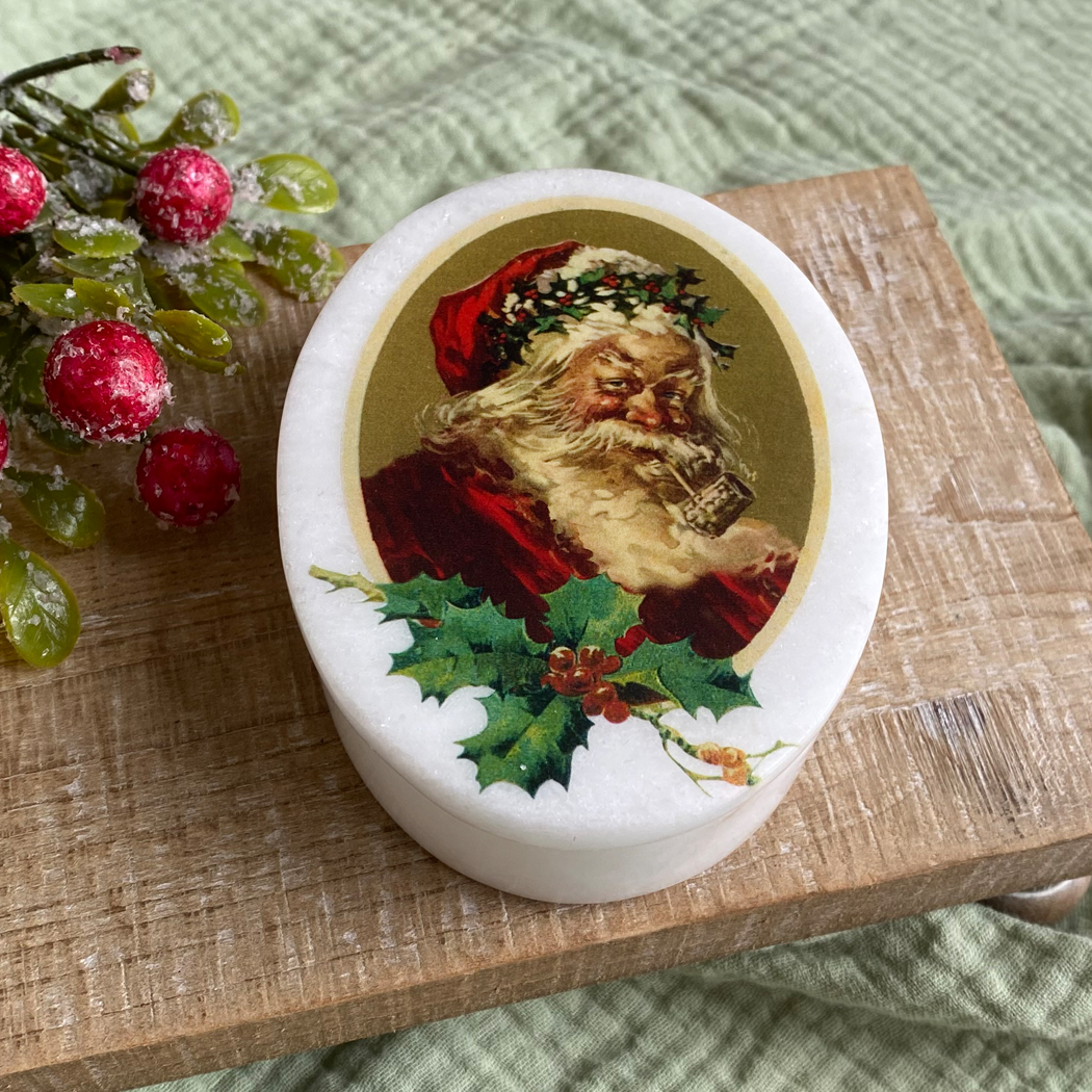 Christmas Decor Christmas 4″ Santa Claus White Oval Soapstone Decorative Box