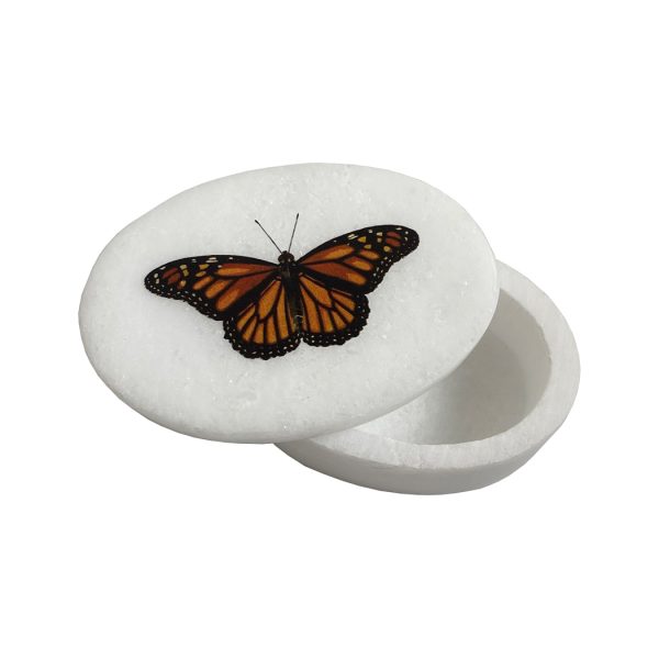 Decorative Boxes Botanical/Zoological 3″ Monarch Butterfly White Oval Soapstone Trinket-Jewelry Box