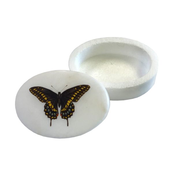 Decorative Boxes Botanical/Zoological 3″ Eastern Black Swallowtail Butterfly White Oval Soapstone Trinket-Jewelry Box