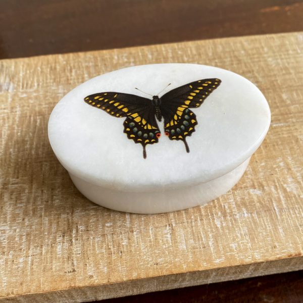 Decorative Boxes Botanical/Zoological 3″ Eastern Black Swallowtail Butterfly White Oval Soapstone Trinket-Jewelry Box