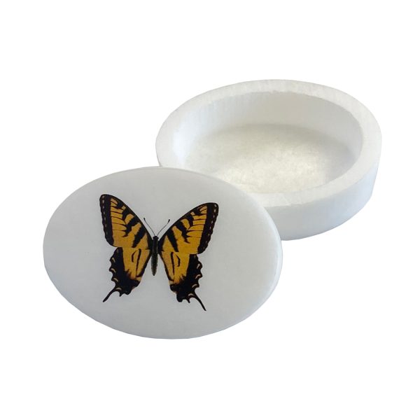 Decorative Boxes Botanical/Zoological Tiger Swallowtail Butterfly White Oval Soapstone Trinket-Jewelry Box