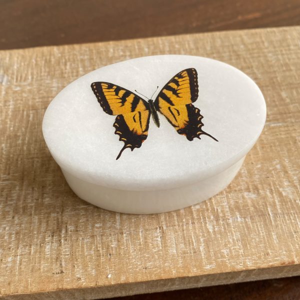 Decorative Boxes Botanical/Zoological Tiger Swallowtail Butterfly White Oval Soapstone Trinket-Jewelry Box