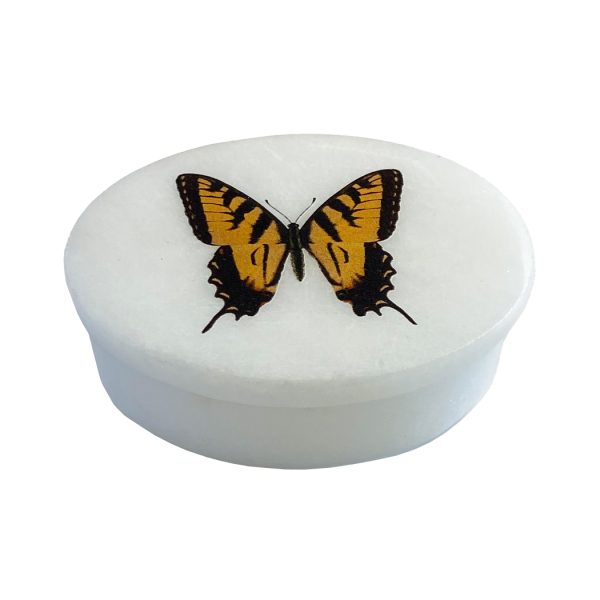 Decorative Boxes Botanical/Zoological Tiger Swallowtail Butterfly White Oval Soapstone Trinket-Jewelry Box