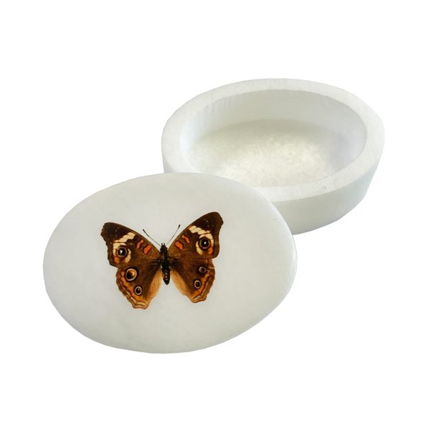 Decorative Boxes Botanical/Zoological Buckeye Butterfly White Oval Soapstone Trinket-Jewelry Box