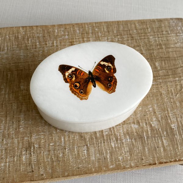 Decorative Boxes Botanical/Zoological 3″ Buckeye Butterfly White Oval Soapstone Trinket-Jewelry Box