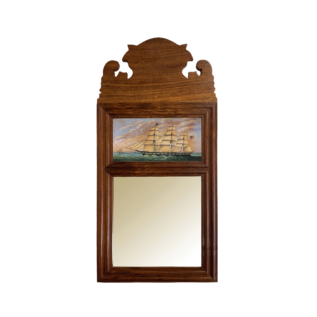 Decor Early American 18-3/4″ Wood Framed Mirror with Print of Sailing Ship George West- Antique Vintage Style