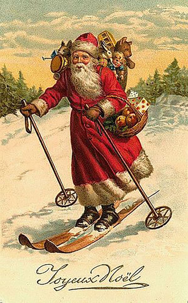 Christmas Decor Christmas Santa on Skis Framed Postcard Print on Canvas