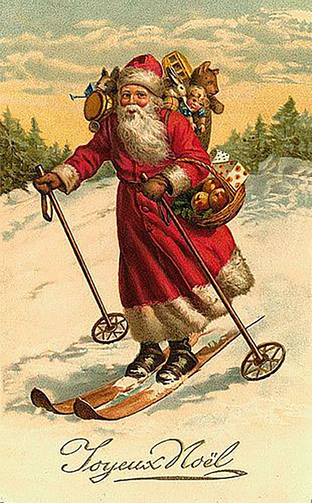 Christmas Decor Christmas Santa on Skis Framed Postcard Print on Canvas ...