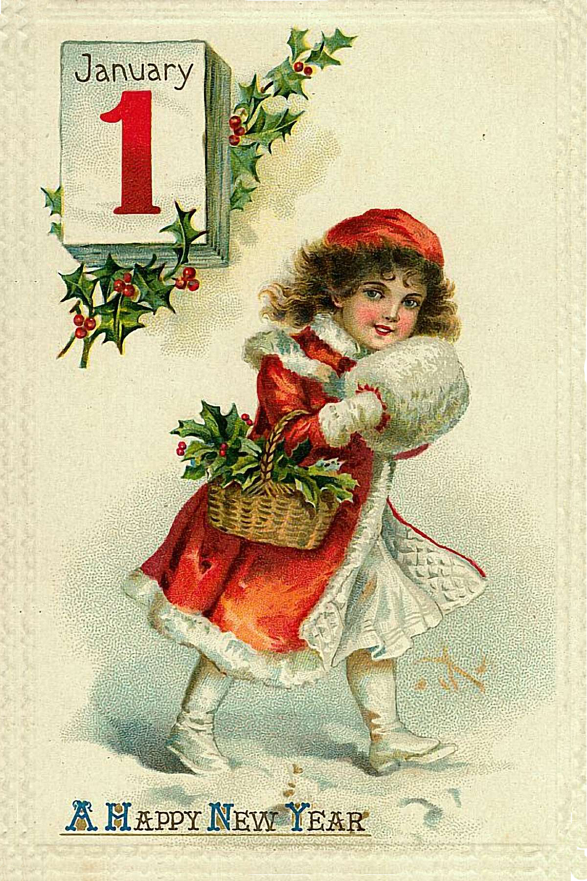 Christmas Decor Christmas Girl with Basket of Holly Framed Victorian Postcar ...