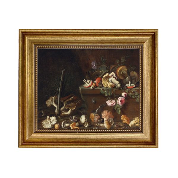 Painting Prints on Canvas Botanical/Zoological Still Life with Mushrooms and Flowers