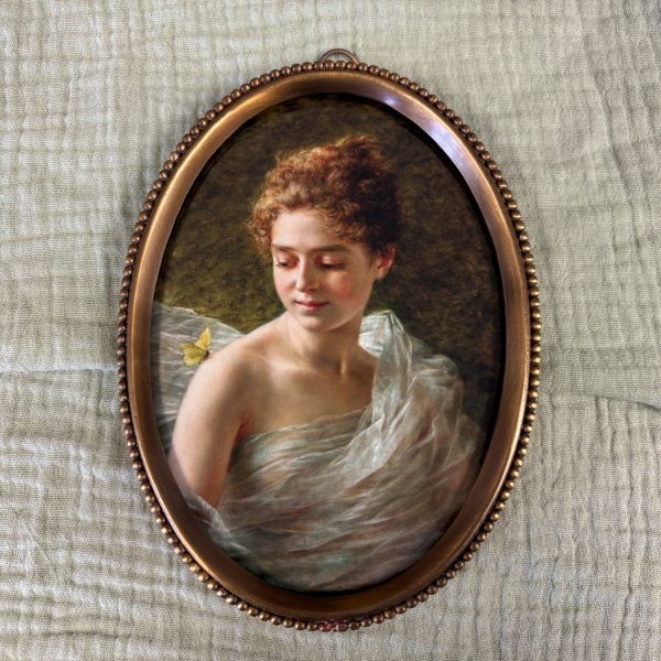 Portrait Portrait 6-1/4″ The Yellow Butterfly in Antiqued Beaded Brass Frame – Antique Vintage Style