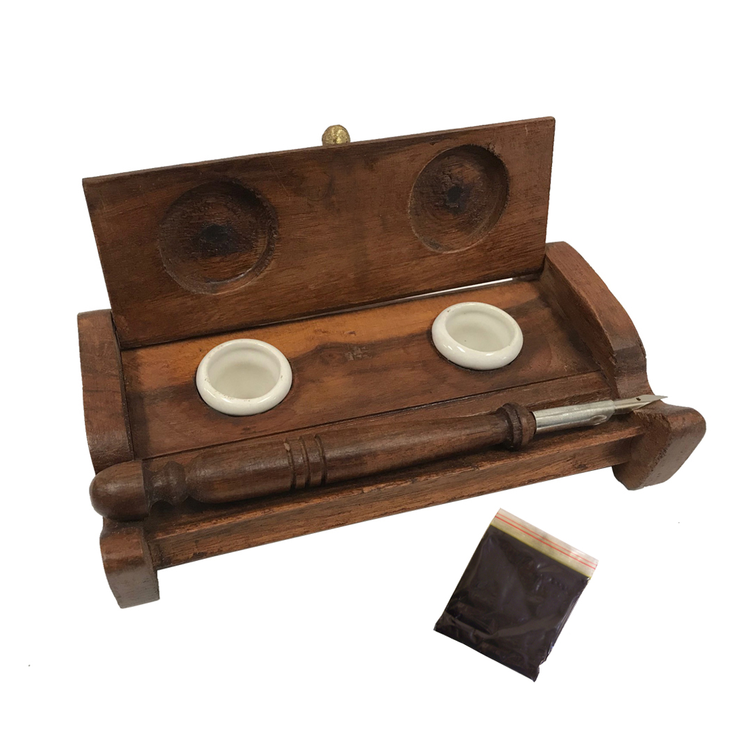 Decor Early American 7″ Wood Inkwell Stand with Two Clay Inkwells ...