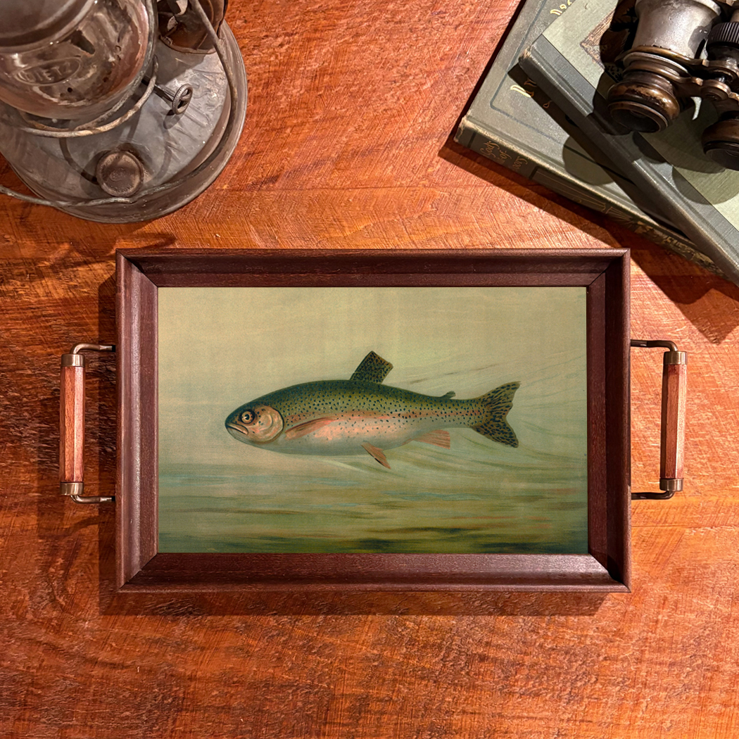 Lodge & Equestrian Decor Cabin/Lodge Rainbow Trout Decorative Wood and Glass Tray, Vint ...