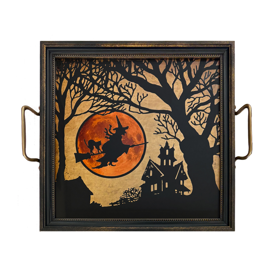 Framed Silhouettes Decorative Tray Vintage Style Halloween Witch Decorative Tray with ...