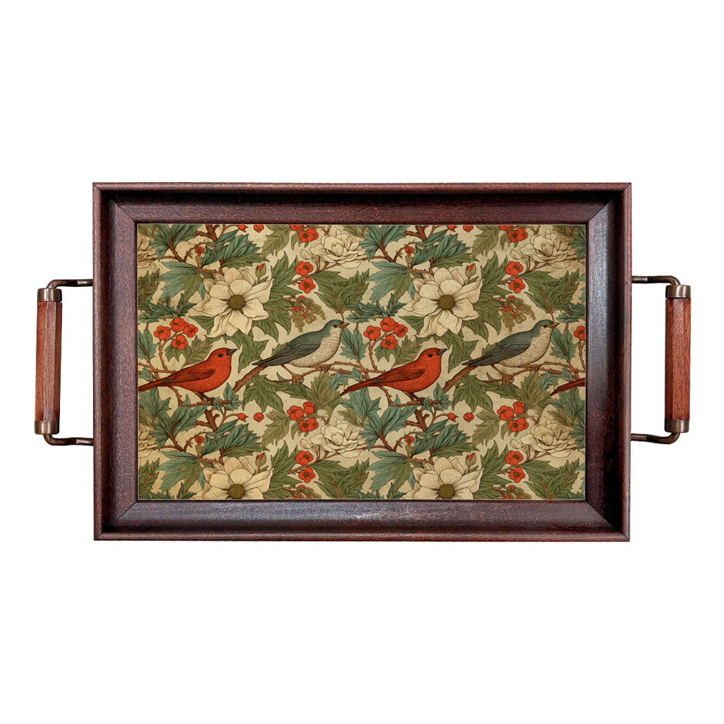 Christmas Decor Christmas Birds and Poinsettias Christmas Wood and Glass Tra ...