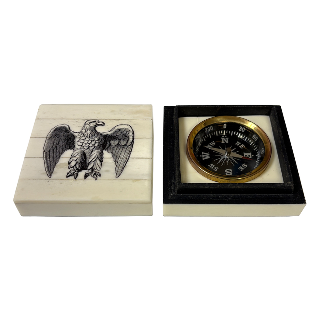 Scrimshaw/Horn & Bone Boxes Nautical 3″ American Eagle Printed Compass Bone Box-  ...