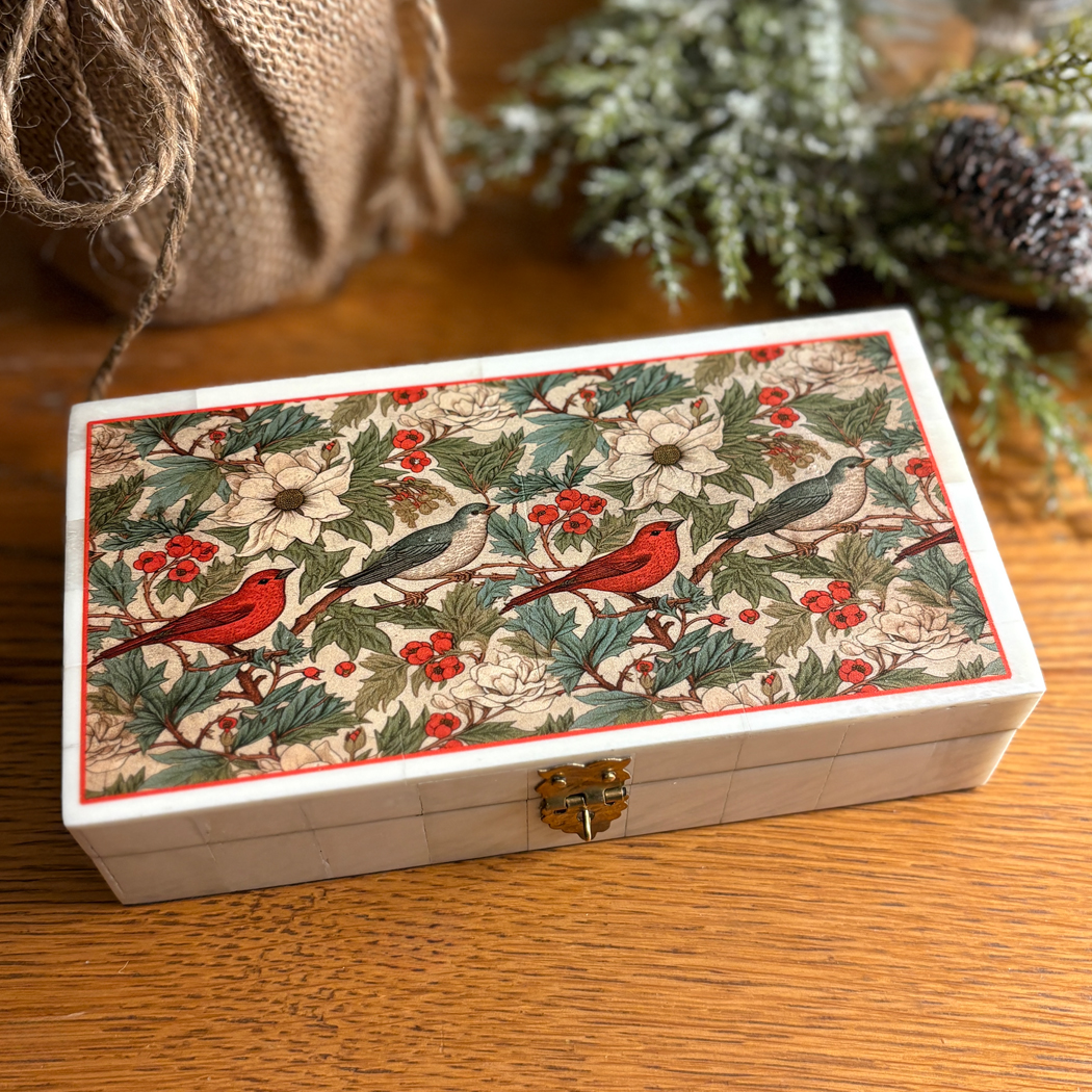 Christmas Decor Decorative Boxes 6-1/4″ Birds and Poinsettias Printed Trinket ...