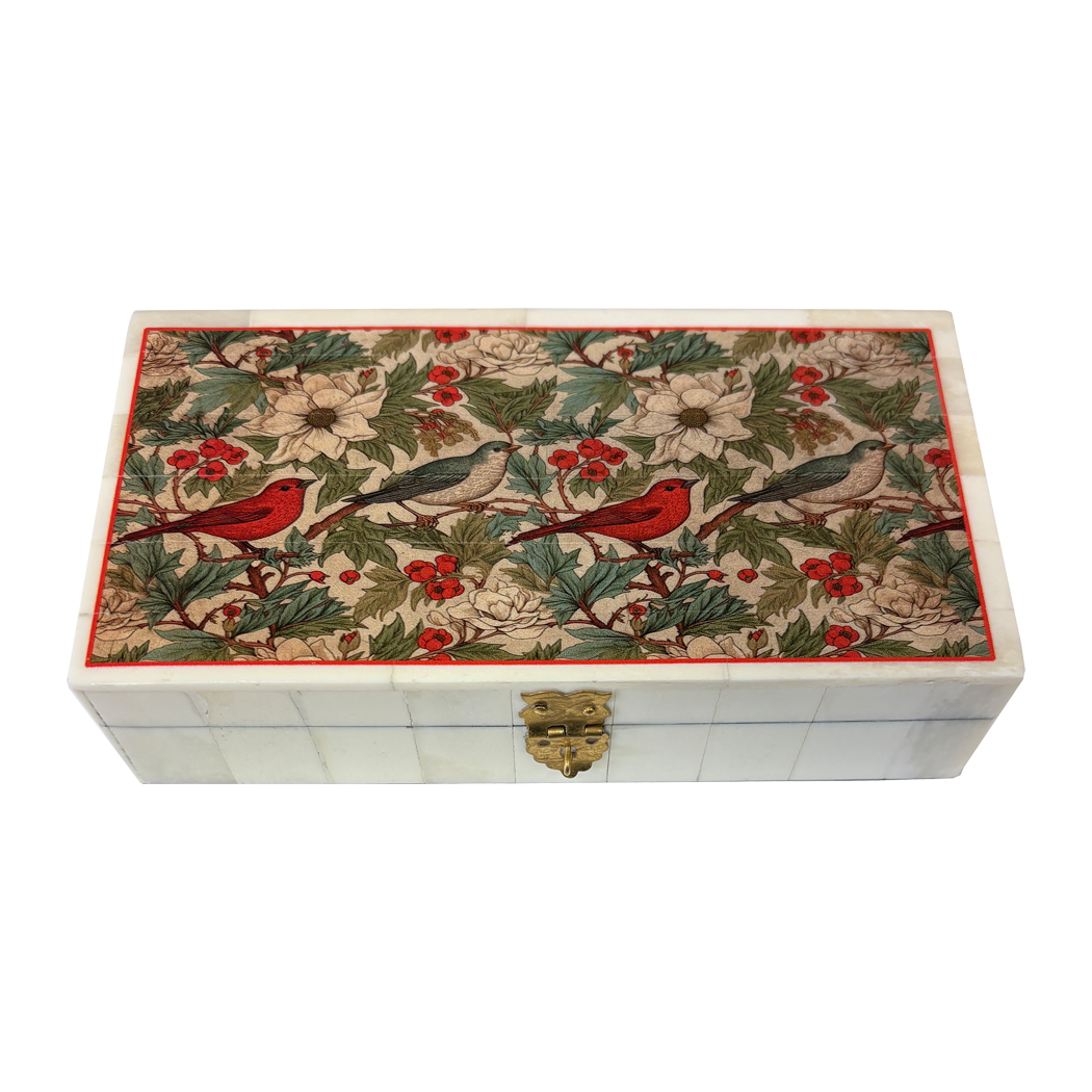 Christmas Decor Decorative Boxes 6-1/4″ Birds and Poinsettias Printed Trinket ...