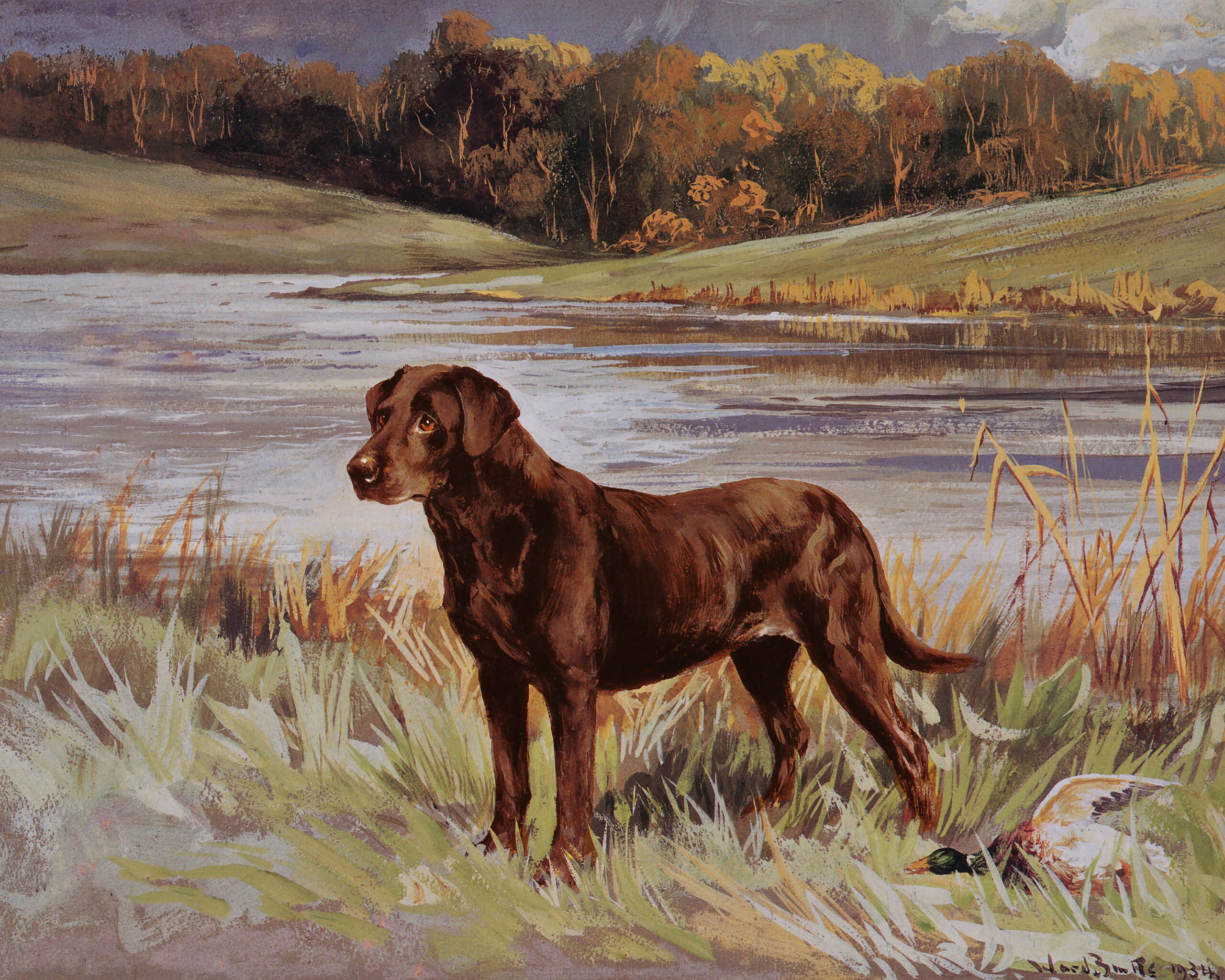 Cabin/Lodge Dogs Chocolate Labrador Retriever Framed Oil Painting P ...