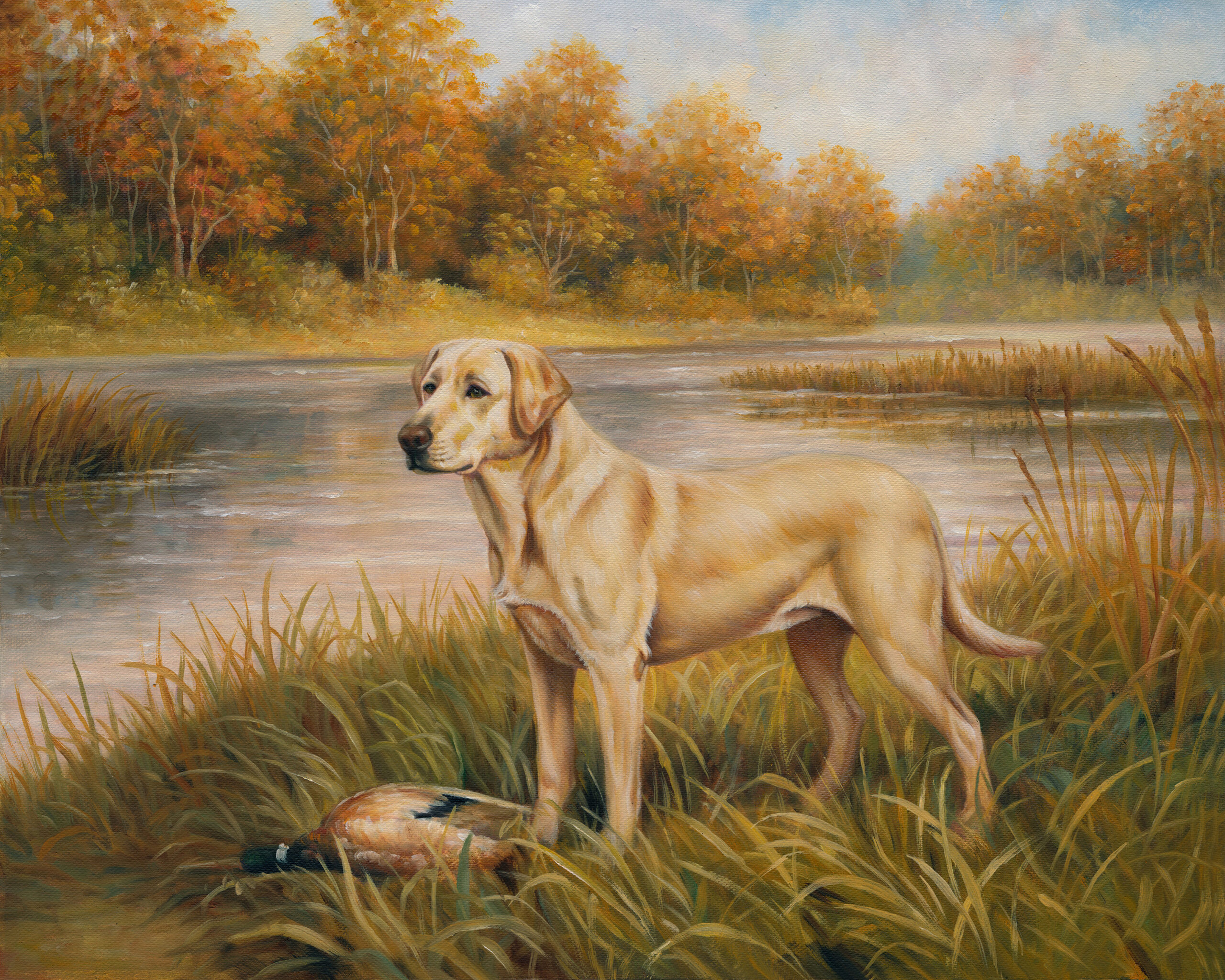 Cabin/Lodge Dogs Yellow Labrador Retriever Framed Oil Painting Prin ...