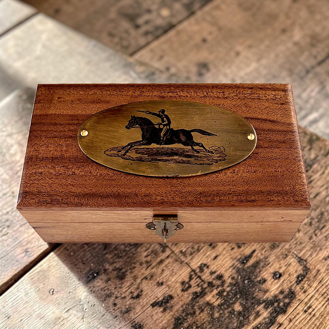 Decorative Boxes Equestrian 6-1/4″ Wood Box with Horse and Rider Antiqued Brass Plate Decorative Boxes Equestrian 6-1/4″ Wood Box with Horse and Rider Antiqued Brass Plate